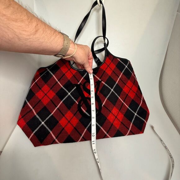 Victoria’s Secret Argyle Plaid Red Black Shopper Tote Bag VS Logo 15×11×5 - Picture 12 of 14